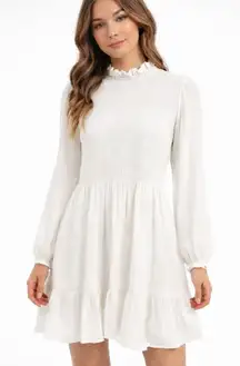 Selfie Leslie Mini Dress‎ White Smocked Ruffle Neck Long Sleeves Whimsy Size XL