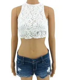 Rolla Coster SMALL American Y2K Cream Lace High Neck Sleeveless Crop Top Tank