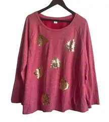 Holiday Time Women Christmas Top 2X Pink Gold Sequence Trees Novelty Fleece