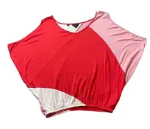 Guess Los Angeles Women XS Color Block V Neck Dolman Sleeve Top Red Pink White‎