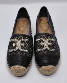 Sam Edelman Womens Espadrille Flats Size 9 Black Raffia Mesh Logo Slip On Shoes