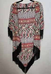 Love Tease Cardigan Kimono Lightweight Pattern Fringe Print Casual Open Front