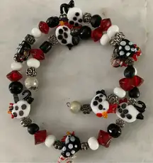 Rooster Chicken Lampwork Studio Glass Beaded Bracelet Red Black White Wire