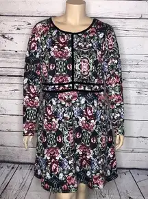 Bongo Plus NWT Size 3X Floral Print w/ Velvet Trim Long Sleeve Fit & Flare Dress