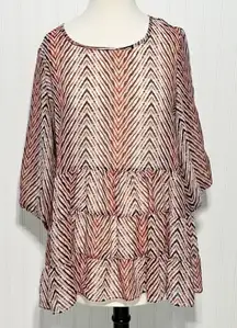 AB Studio Sheer Striped‎ Tiered Blouse Top Long Sleeves Black Red Size Large