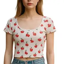 Forever 21 Cherry Print Crop Top Ribbed Knit Short Sleeve Scoop‎ Neck Size M