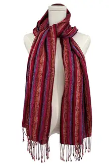 Pashmina silk blend tassel fringe wrap scarf shawl paisley wine red burnt orange