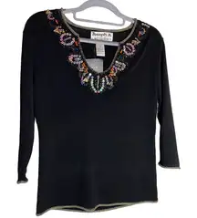 Joseph A. Petite Black Beaded Sequin Collar Knit Pullover‎ Sweater Women's Sz MP