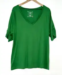 Lane Bryant 100% Pima Cotton T-Shirt Women's 22/24 V-Neck Ruched Sleeve Green