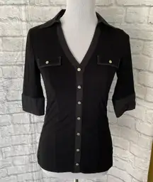 White House Black Market women XXS v-cut collared blouse black 