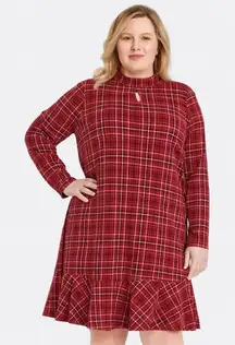 Isaac Mizrahi Plaid Jacquard Mock Neck Dress with Flounce Hem - Size Large (NWT)