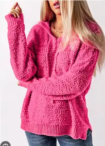 POL Pink‎ Knit Popcorn Hoodie Large V Neck Long Sleeve Pullover Sweater Womens