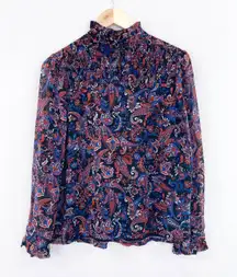 Willow Drive Women's Paisley Print Chiffon Blouse Long Sleeve Ruffle Cuff Small