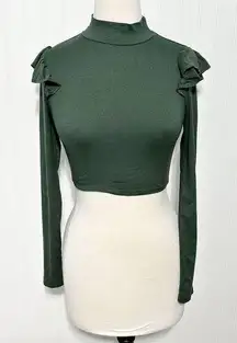 Women's Mock Neck Long Sleeve Ruffles Shoulder Crop Top Olive Green Size Small