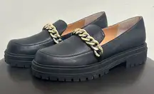 Jessica Simpson Black Pebble Leather Gold Tone Chain Disila Platform Loafers 10