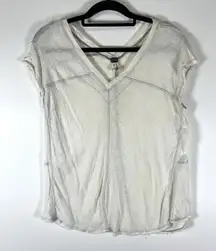 WE FREE PEOPLE At the Seams Tee White V-Neck‎ Short Cap Sleeve Linen Small Boho