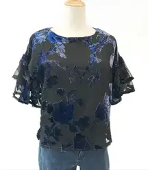 Lily White Black and Bluish Purple Velvet Top Floral blouse Ruffled Sleeves