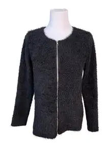 New Directions Petite Black Curly Zip Cardigan Sweater‎ MEDIUM Chunky Knit Furry