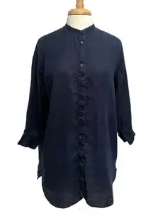 MUJI 100% Hemp Oversized Mandarin Collar Button Front Tunic Top Blue size Medium