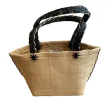 Annabel Ingal 100% Raffia Tote Bag Tan With Black Handles Handmade in Madagascar