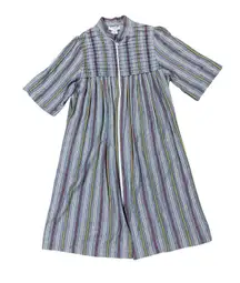 Vintage 70s Coffee Coat by Saybury Medium House Dress Striped Full Zip