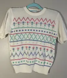 Vintage Suburban Petites Cottage Core Floral Short Sleeve Sweater Top, Size PM