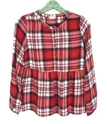 Altar’d State Red Plaid Button Front Peplum Flannel Shirt Long Sleeve Boho Small
