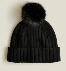 J Crew Ribbed Pom-Pom Beanie Poly Wool Blend Knit Winter Hat BLACK BD134 nwt