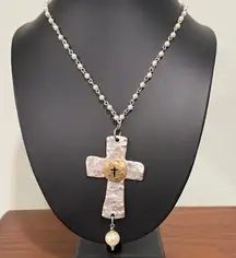 Hammered metal two tone Cross Pendant and faux pearl chain necklace