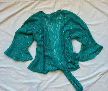 Beautiful teal blue silver sequin floral lace wrap top / cardigan