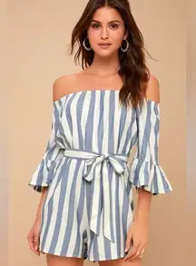 Fun For Now Blue & White Striped Off-the-Shoulder Romper L