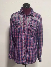 Ariat Fitted Plaid Button-Up Shirt with Embroidery Sz L