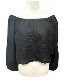 ASOS Crop Top Linen Blend Off-Shoulder Long Sleeve Lightweight Black Size 4 NWOT
