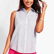 Talbots Non Iron Blue & Pink Striped & Palm Tree Print Sleeveless Button Down
