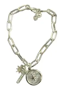 Unwritten Womens Silver Plated Star Bar Charm Link Bracelet Adjustable White