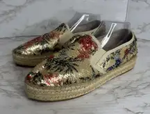 Toni Pons Shoes Womens SZ 10 Gold Floral flip Sequin Espadrille Platform Slip On
