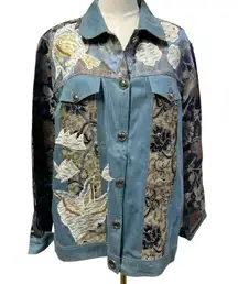 Indigo Moon Womens Medium Jean Tribal Dressy Jacket Embroidery Boho Artsy Spring