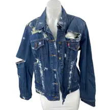 Levi's Blue Dark Wash Distressed Long Sleeve Button Down Denim Jeans Jacket Sz L