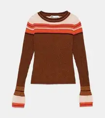 Zara Sparkly Knit Sweater Striped Light Knit Jumper Long Sleeve Medium