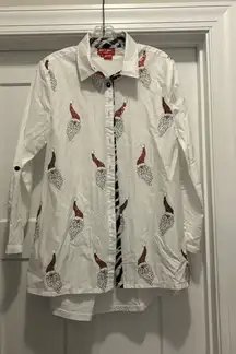 Jack B Quick Christmas Sequin Santa High Low Button Down White Shirt Size Small