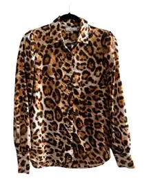 OVI Long Sleeve Animal Cheeath Print Button Up Blouse Top Size Medium