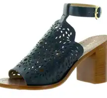 Jack Rogers “Ronnie” Navy Laser-Cut Leather Block Heel Sandals Size 9 Like New