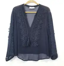 Line and Dot  Black Crochet Tassels Deep V-neckline Sheer Blouse Long Sleeves