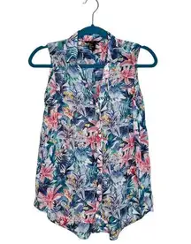 H&M  Colorful Tropical Print Sleeveless Concealed Button Front Blouse