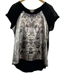 One World Top Women XL Silver Butterfly Lace Mesh Sleeve Fairy Goth Y2K Whimsi