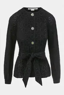 Veronica Beard Womens Kapnos Eyelet Lace Belted Jacket Black Sz 0 NWT $498‎