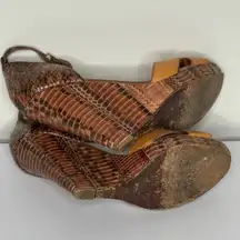 Tory Burch Brown Leather and Python Platform Wedge Ankle Strap Sandals Size 8.5