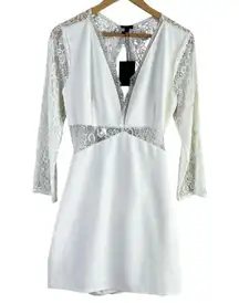 NBD NWT  x Revolve White Lace Long Sleeve Open Back Mini Dress, Size Large