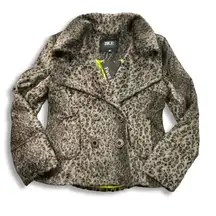 BKE Jacket Womens‎ L Peacoat Double Breasted Gray Faux Fur Animal Print Cheetah