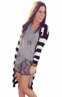 new LF Millau ᯾ Stripe V Neck Long Cardigan Duster Sweater ᯾ Black + White